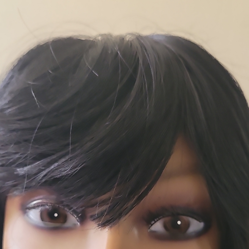 Sleek Black Wig with Bangs and Glossy Finish